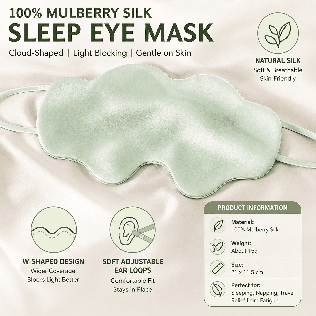 Green Mulberry Silk Sleep Eye Mask - Cloud Shaped Blackout Blindfold