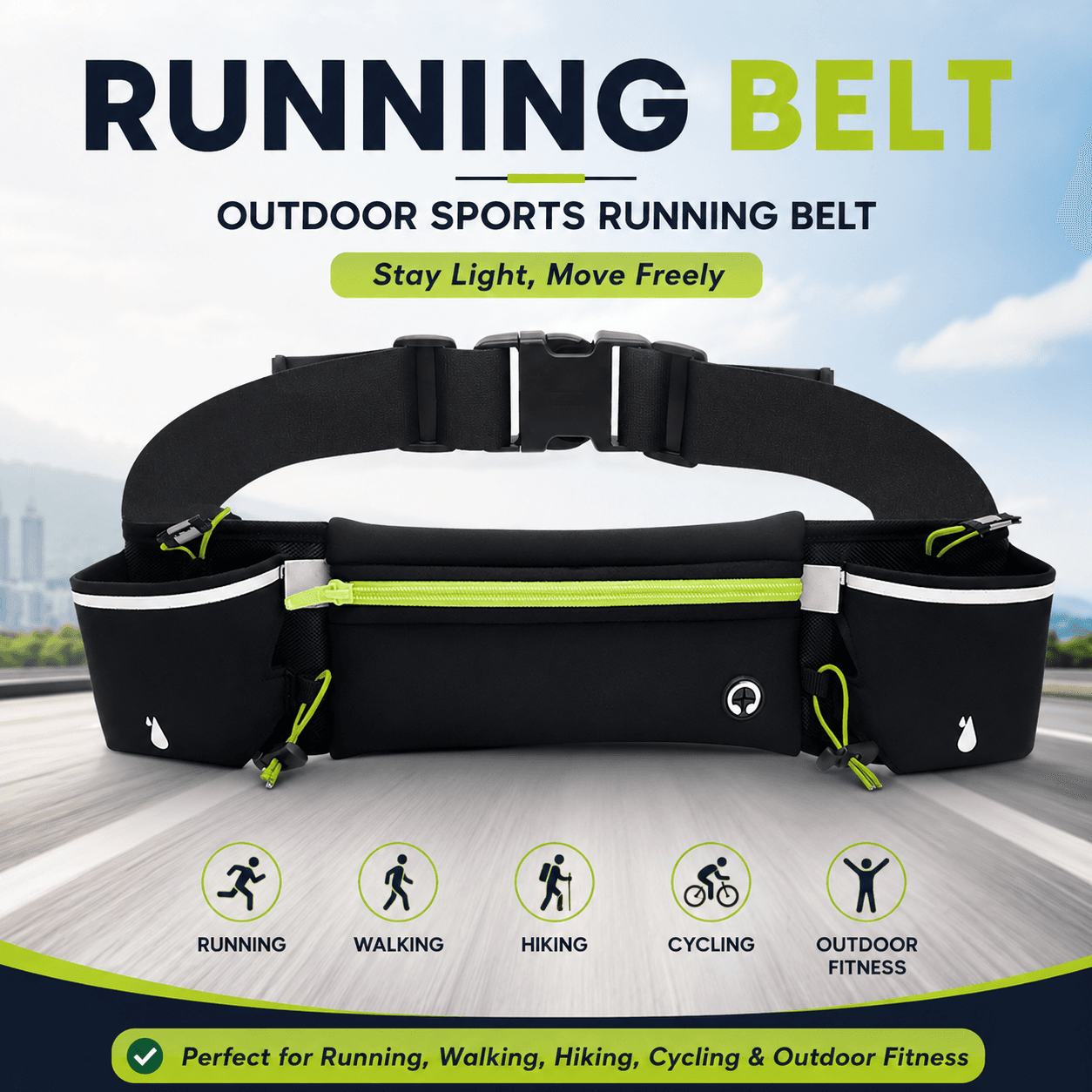Green Running Waist Pack Sports Belt with Water Bottle Holder Adjustable