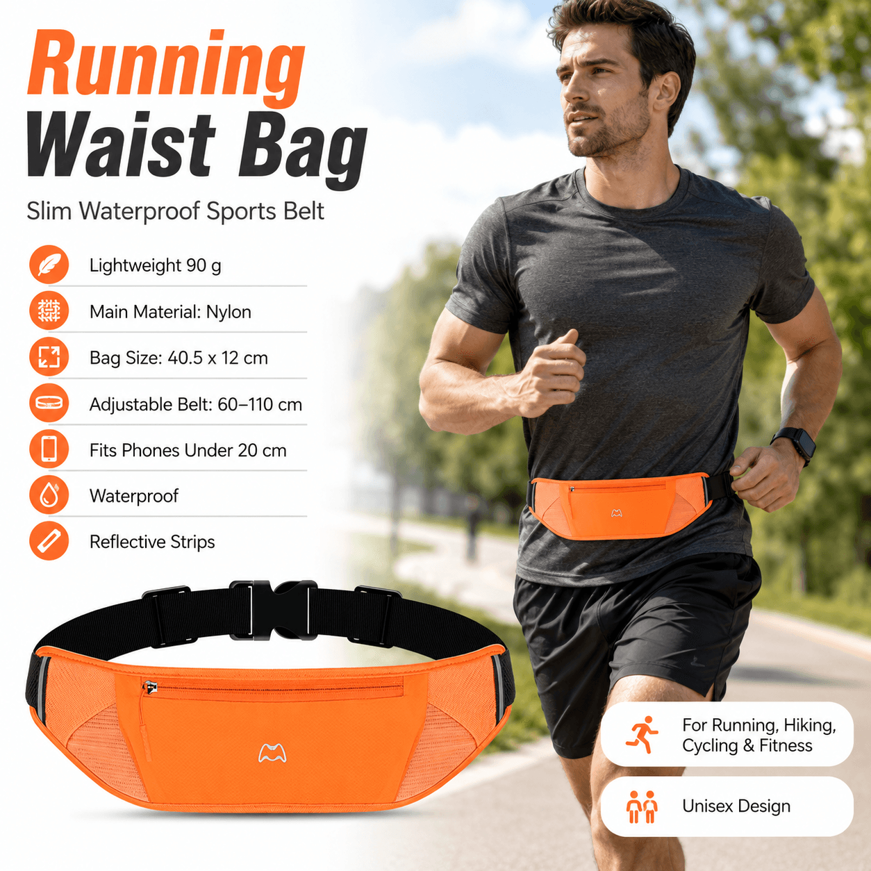 Orange Running Waist Pack-Made of waterproof nylon with an adjustable strap