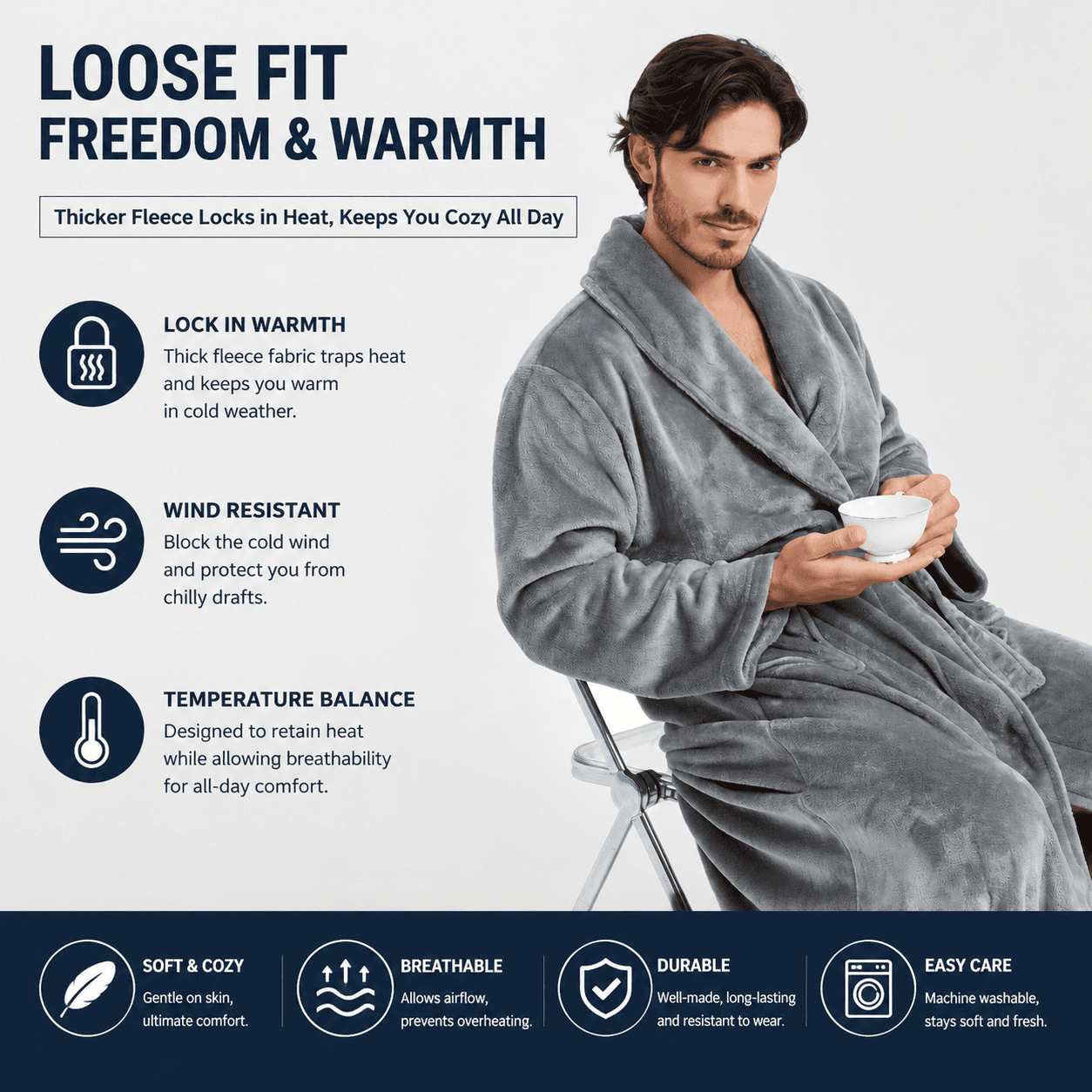 Men's Flannel Bathrobe Grey M Size - Soft Coral Fleece Hooded Kimono Collar