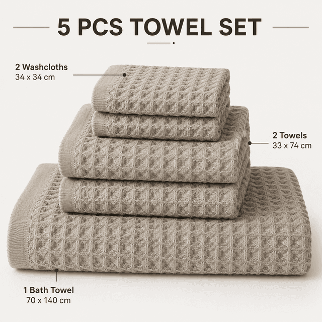 5 Piece Grey Waffle Weave 100% Cotton Towel Set - Quick Dry Absorbent Bath