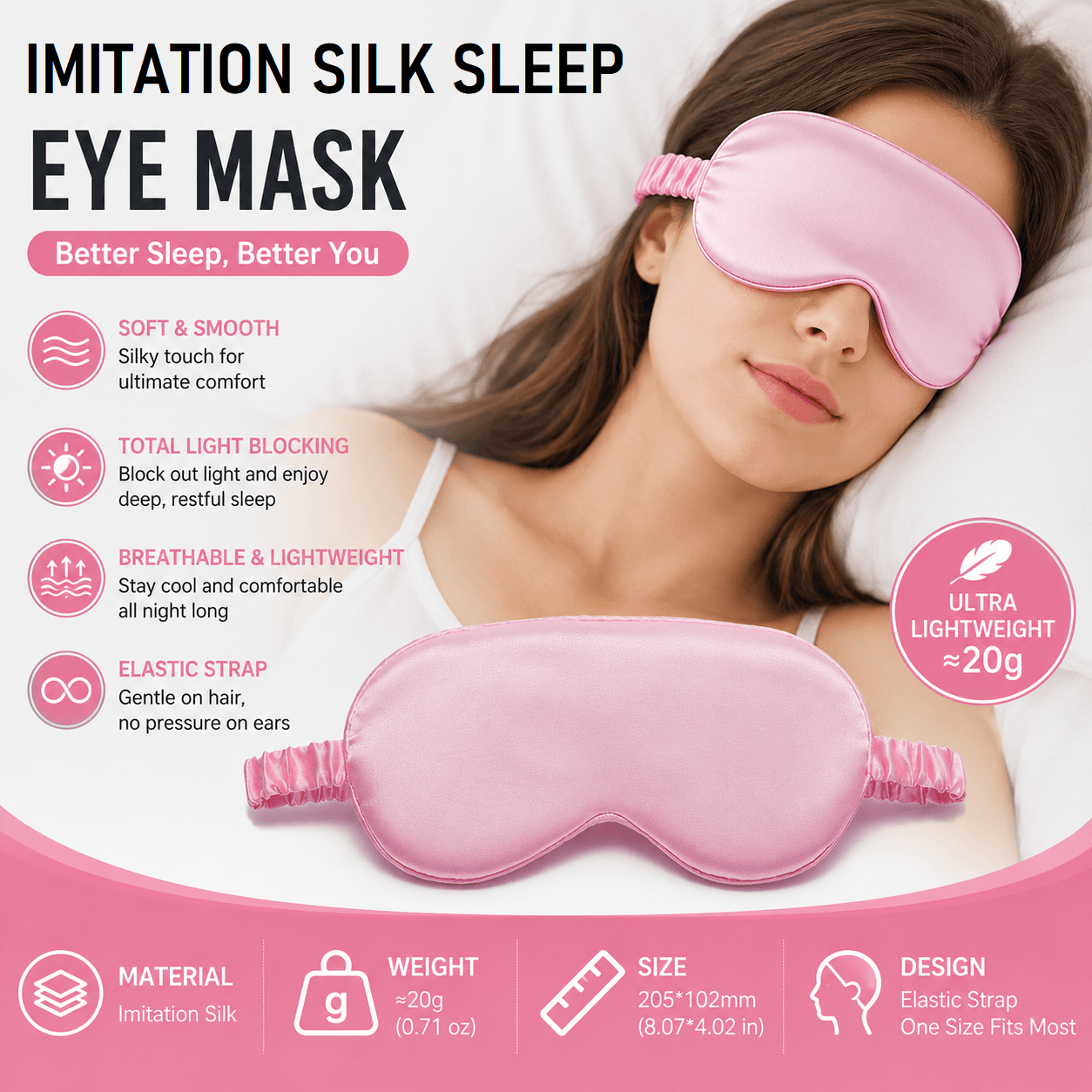 Pink Imitation Silk Sleep Eye Mask - Soft Breathable Light Blocking Design