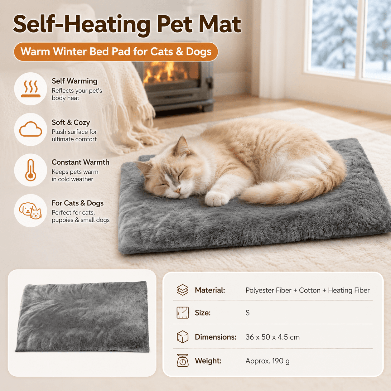 Grey S Size 36 × 50 cm Self Heating Pet Mat - Soft Plush Non-Slip Thermal