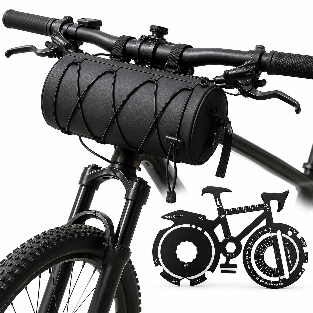 Black Handlebar Bag with Black Elastic Cord and 20-in-1 Bicycle Multi Tool