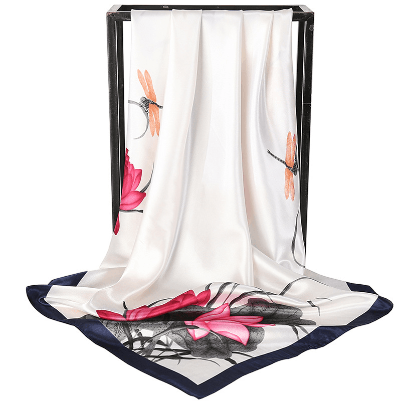 White Dragonfly and Lotus Flower Painting 90 × 90 cm Satin Silk Scarf
