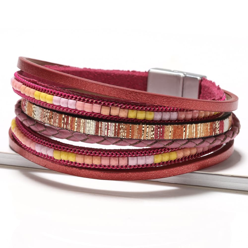 Red Bohemian Multi-Layer Leather Bracelet for Women - PU Faux Leather