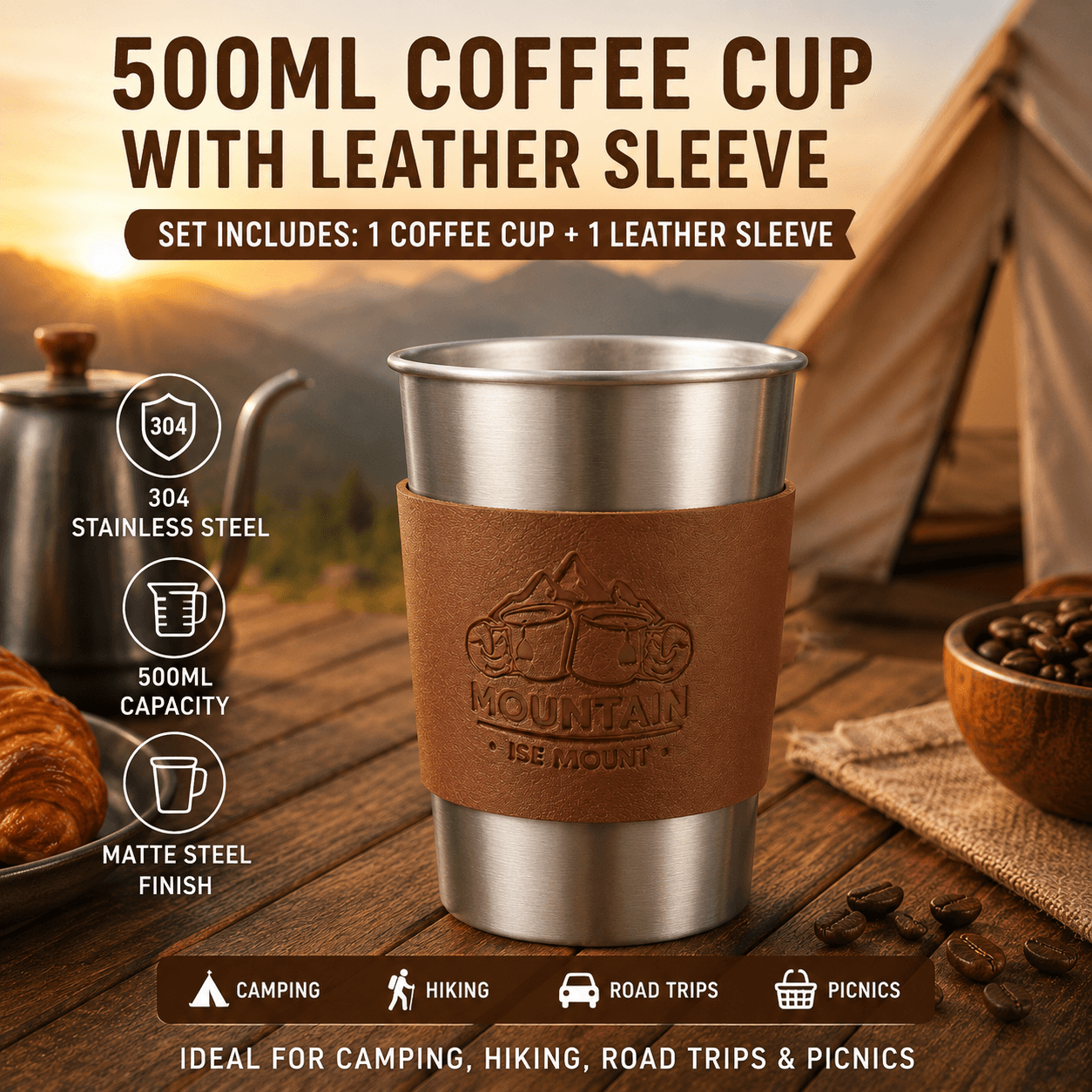 Silver 304 Stainless Steel Camping Coffee Cup with Leather Sleeve - 500 ml