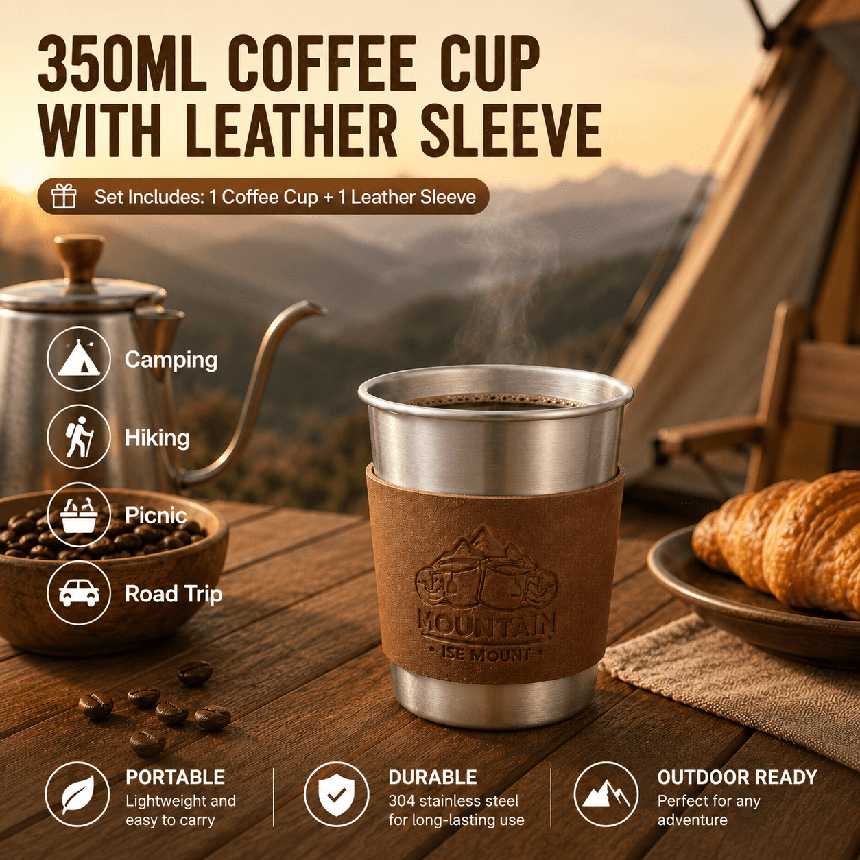Silver 304 Stainless Steel Camping Coffee Cup with Leather Sleeve - 350 ml