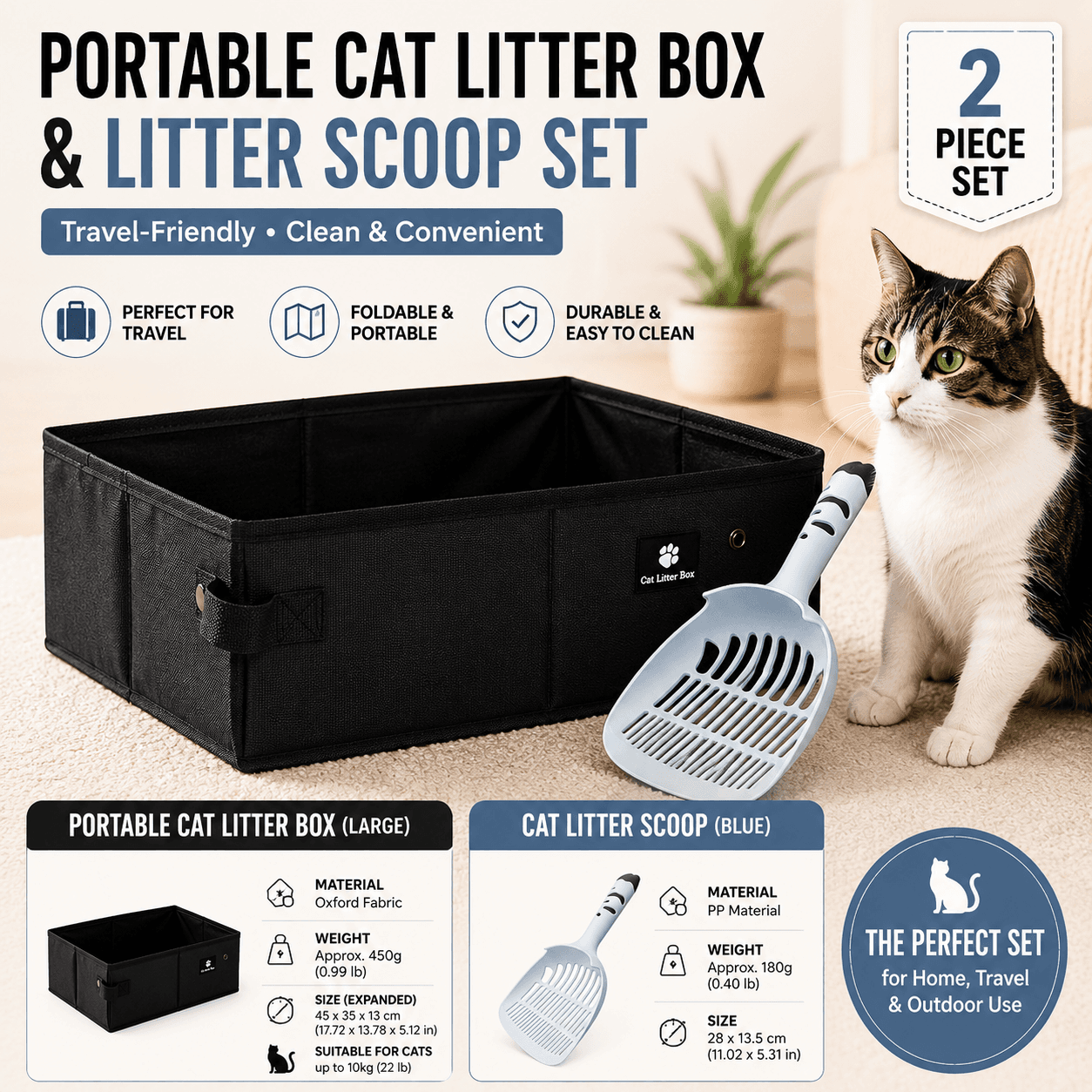 Travel Friendly Pet Toilet Kit - Black Portable - Black Portable Blue Oxford