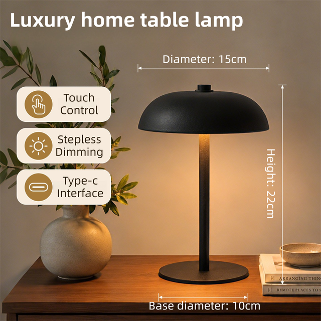 Black Metal Mushroom Table Lamp with Top Touch Control, 3 Colour Mode