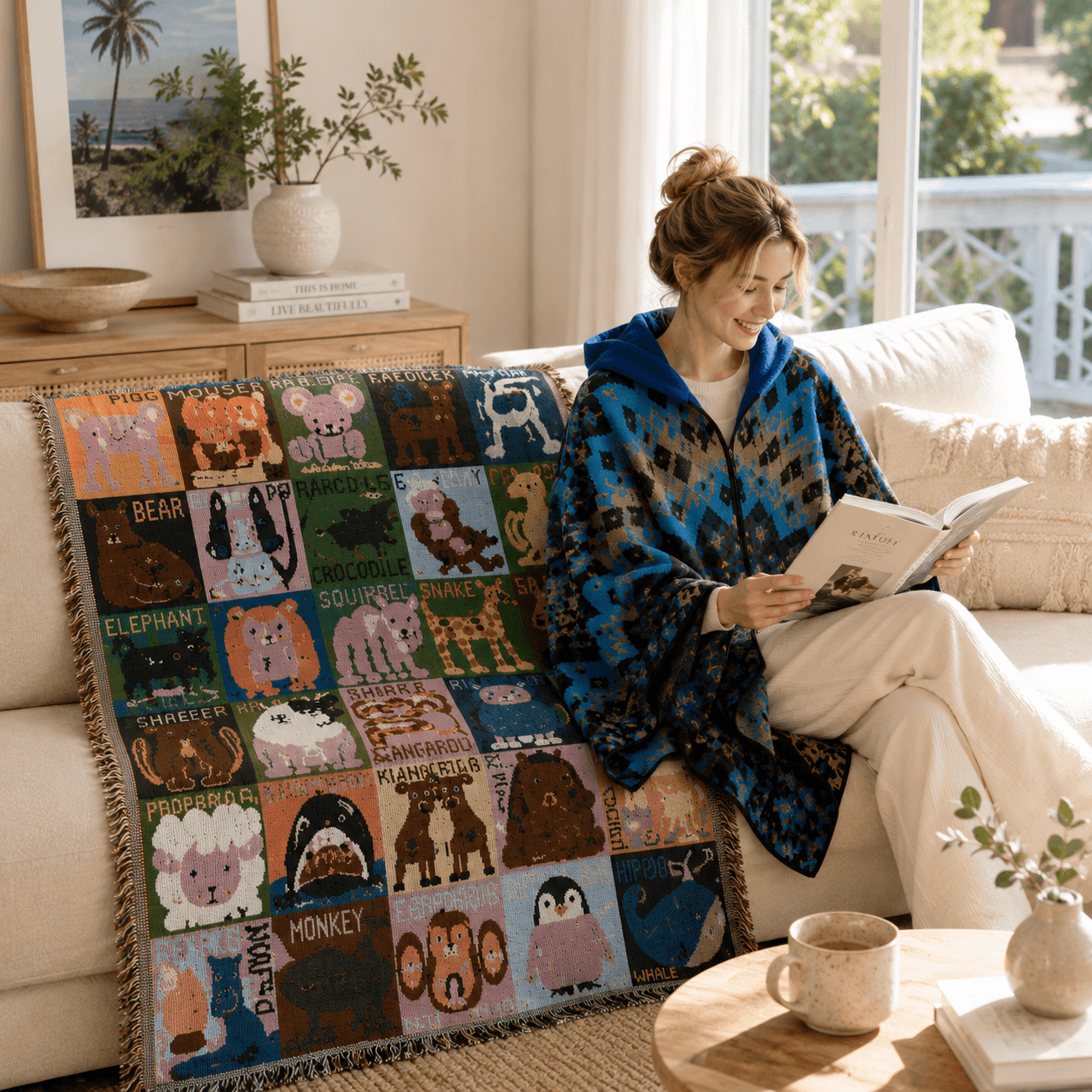 Blue Warm Hooded Poncho Shawl and Animal Pattern Throw - Blue Lounging