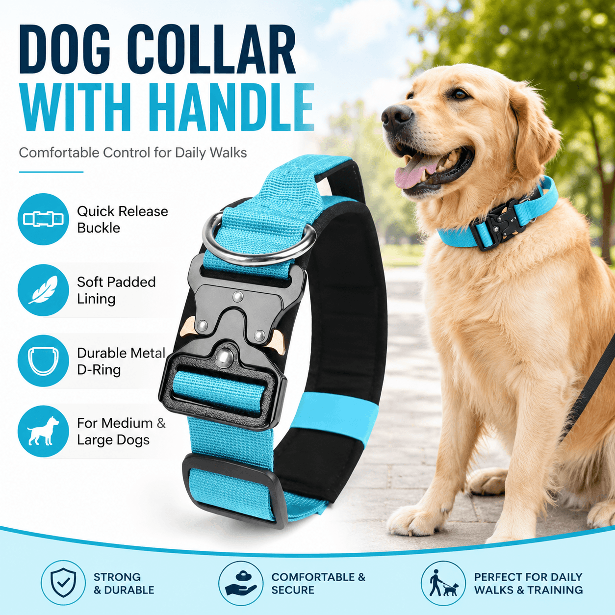 Blue Tactical Dog Collar for Large Dogs (M size) - Wide Padded Nylon Collar