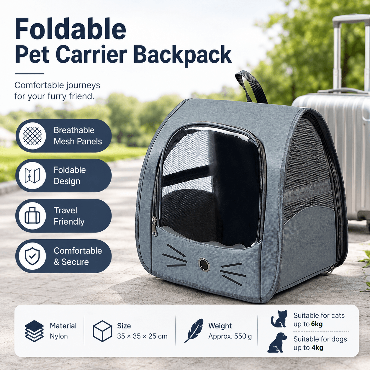 Grey Breathable Pet Carrier Backpack - Nylon Cat Travel Bag with Large Clear