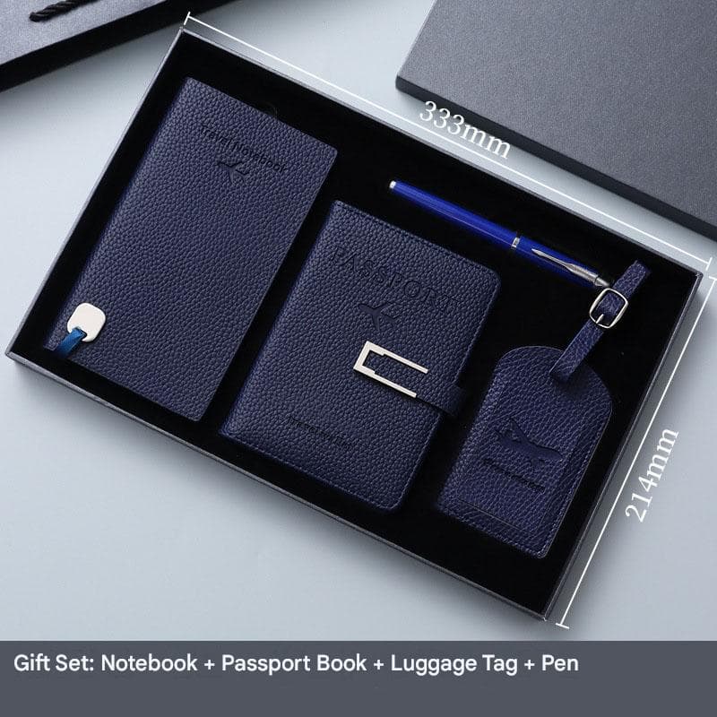 Dark Blue Travel Passport Holder and Notebook Gift Set with Luggage Tag