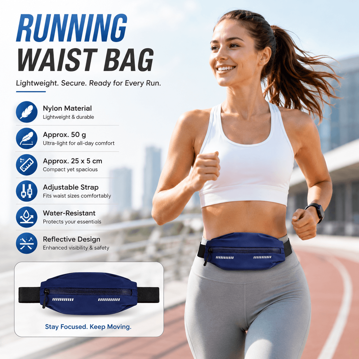 Blue Running Waist Belt - High Stretch Nylon Sports Fanny Pack