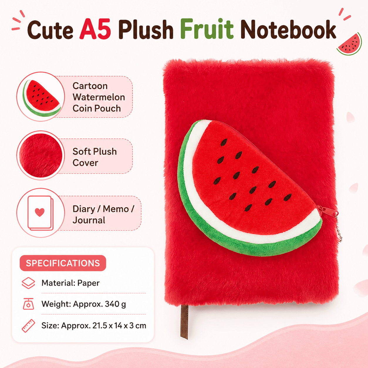 A5 Plush Fruit Notebook with detachable watermelon-shaped coin purse