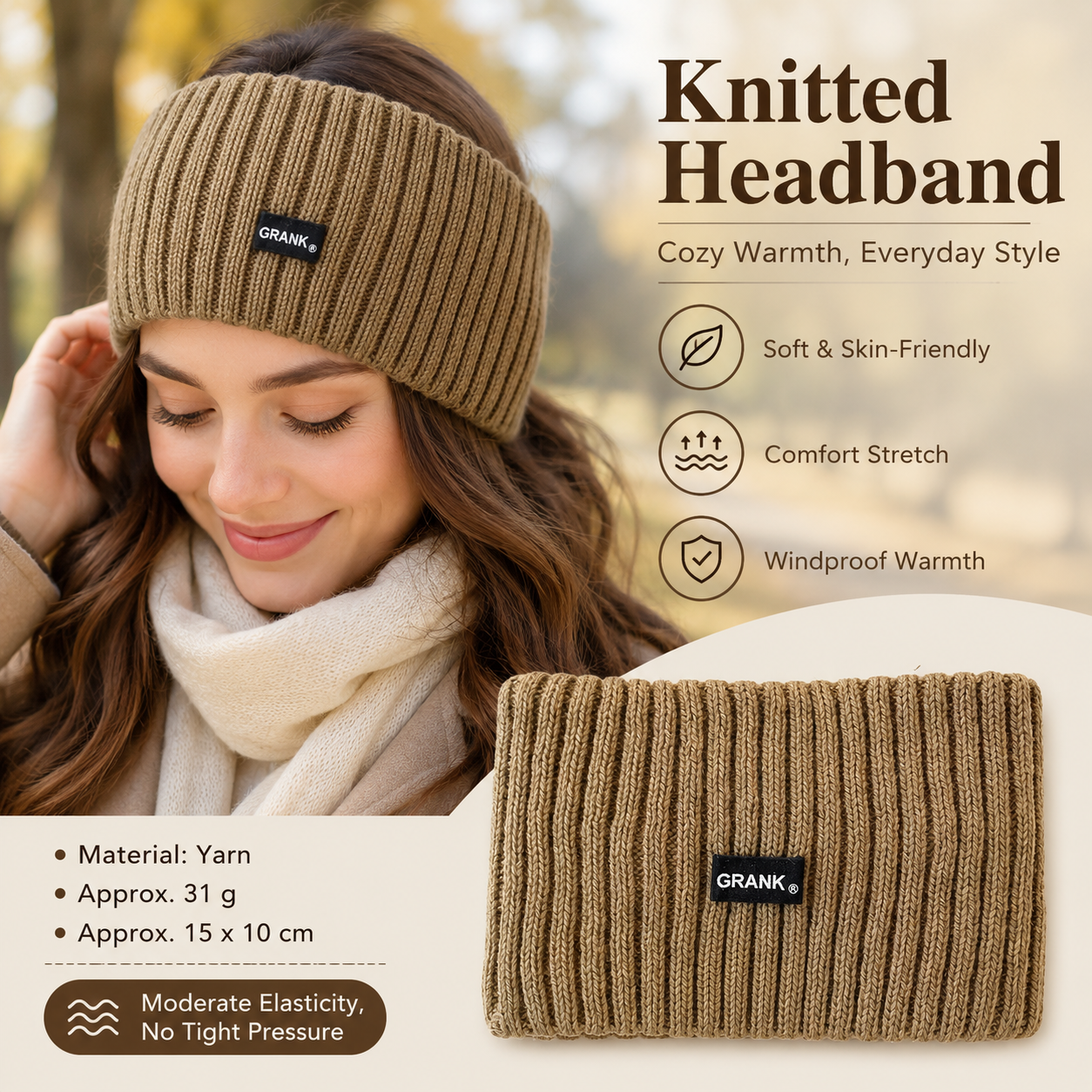 Khaki Women's Knitted Headkerchief- Soft Yarn Wide Ear Warmer Head Wrap