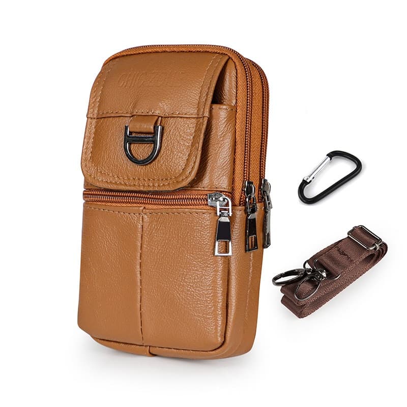 Yellow Leather Belt Phone Pouch - Multi-Pocket Waist Bag with Shoulder