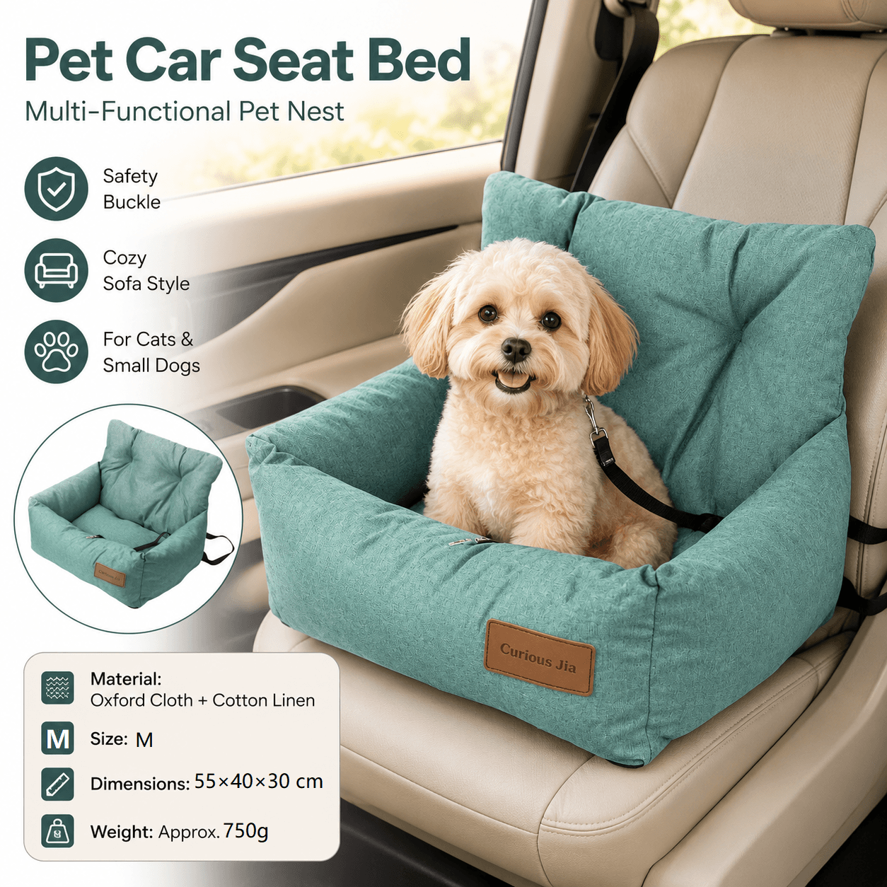 Blue M Size 55 × 40 cm Car pet bed -Oxford Linen Removable Washable Non-Slip