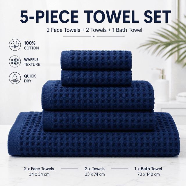 5 Piece Dark Blue Waffle Weave 100% Cotton Towel Set - Quick Dry Absorbent