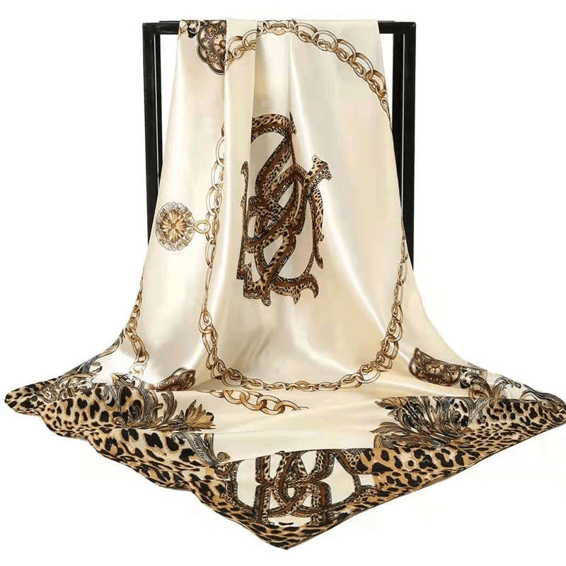 Beige Leopard Print Chain Pattern 90 × 90 cm Satin Silk Scarf for Women