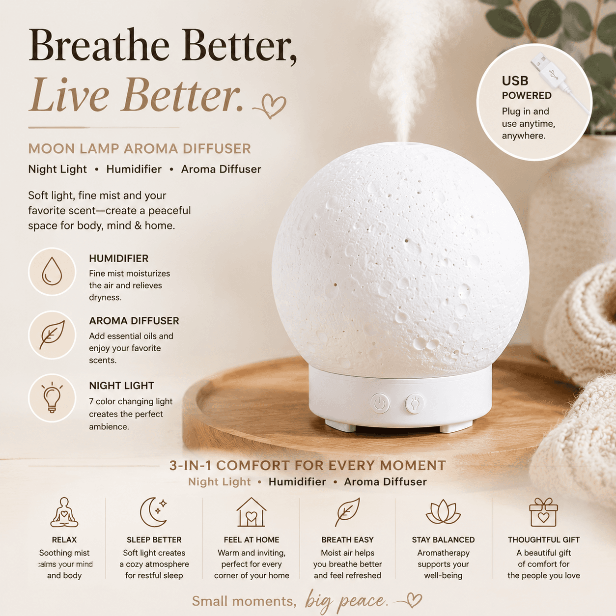 Moon Light Humidifier Aroma Diffuser (White base version) with LED Night