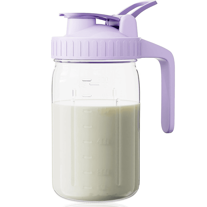 Purple Glass Mason Jar Pitcher 32oz with Flip Lid Pour Spout Milk Jug