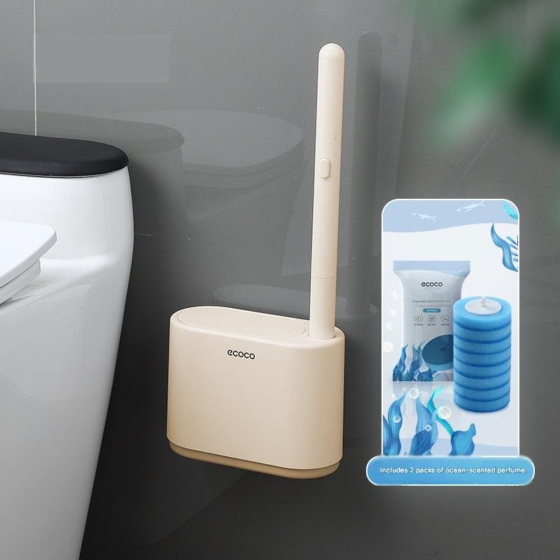 Beige Disposable Toilet Brush with Wall Mount Holder set - No Touch