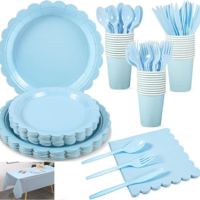 7-Piece Light Blue Scalloped Party Tableware Set for 25 Guests - Disposable