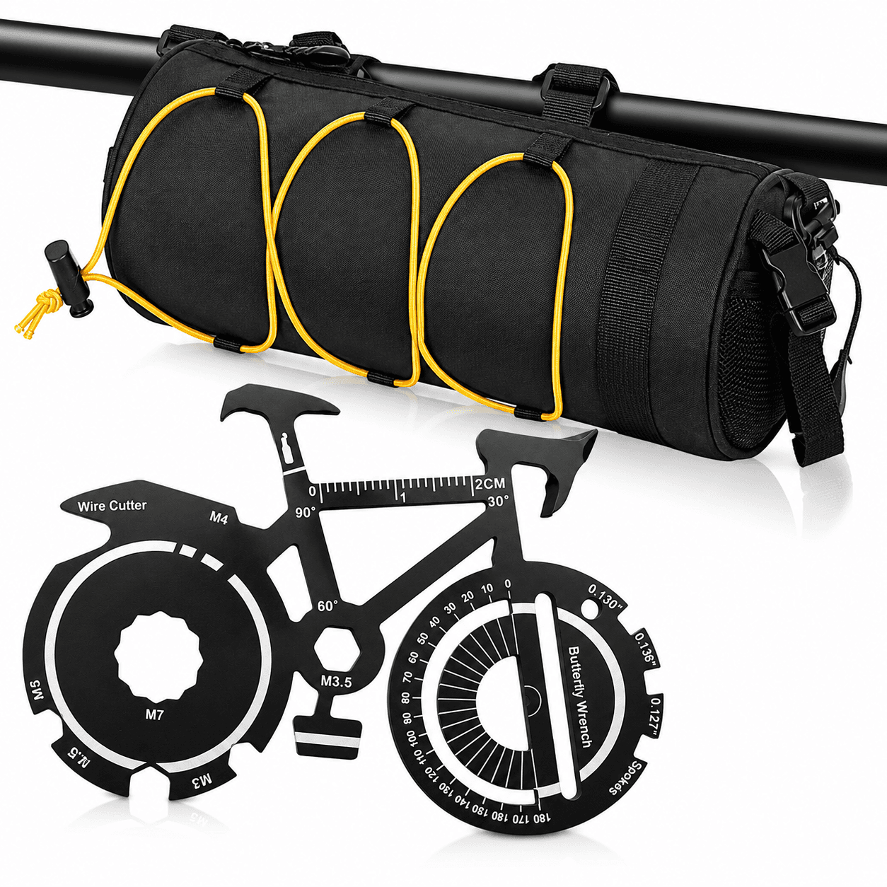 Black Handlebar Bag with Yellow Elastic Cord and 20-in-1 Bicycle Multi Tool