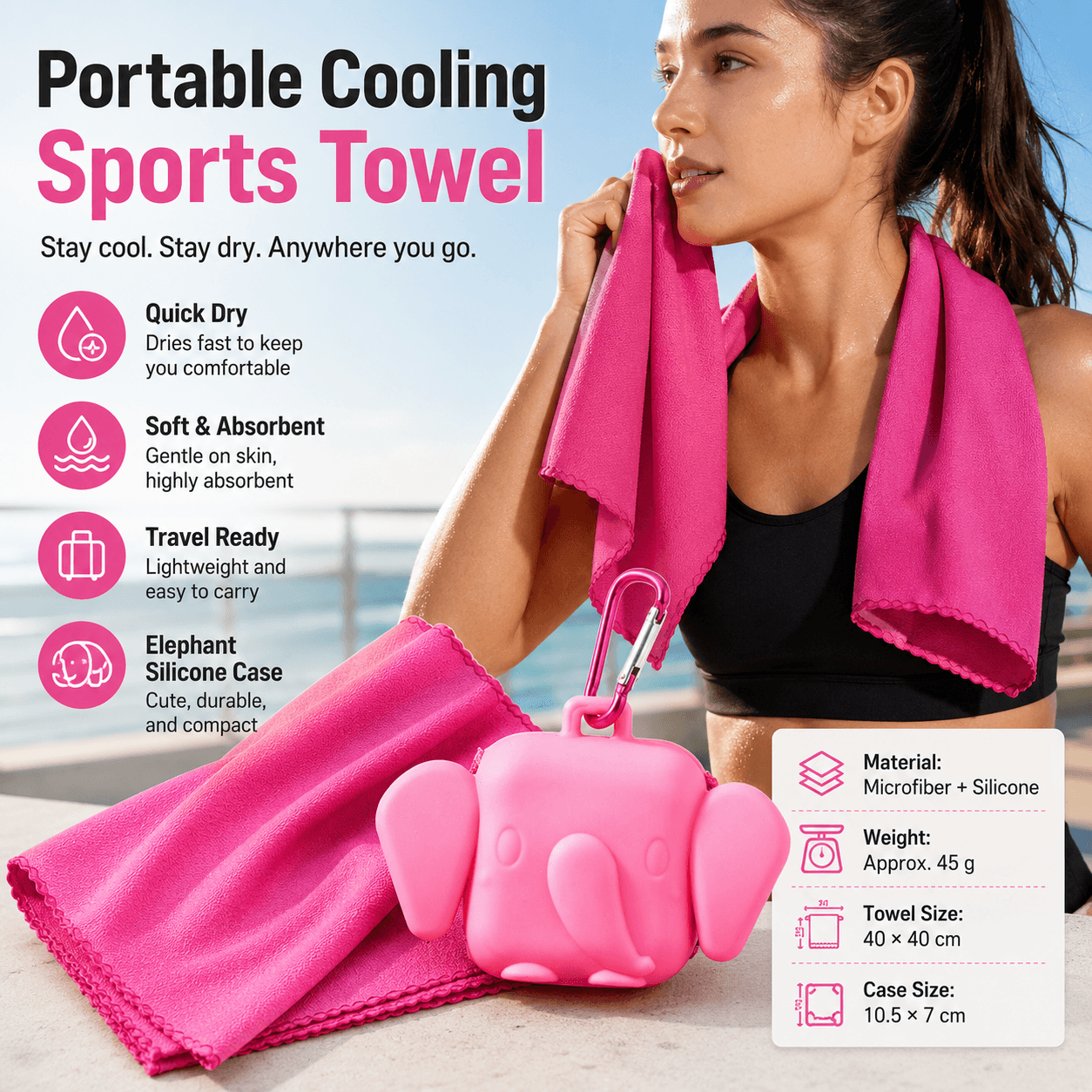 Red Portable Quick Dry Towel with Elephant Storage Box - Microfiber Cooling