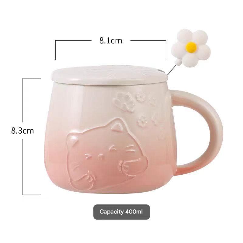 Pink Gradient Cat Ceramic Mug with Lid and Spoon - 400 ml Porcelain Coffee