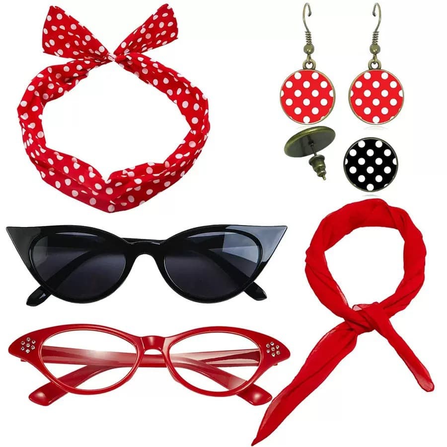 Red 6 Piece Vintage Polka Dot Party Kit Accessories Set - 1950s Retro