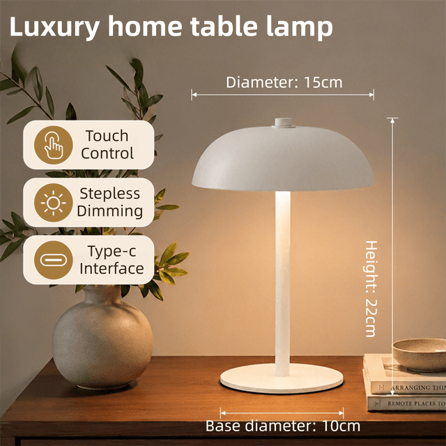 White Metal Mushroom Table Lamp with Top Touch Control, 3 Colour Mode