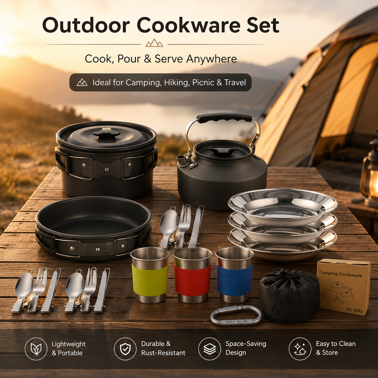 Black Camping Cookware Set for 2-3 People - Portable Outdoor Cooking Pot