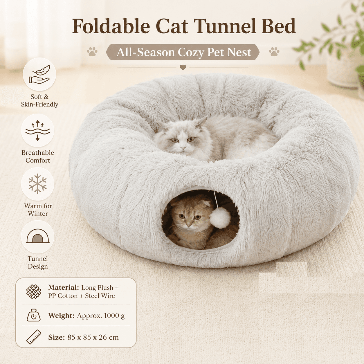 Grey Foldable Cat Tunnel Bed - Plush 2-in-1 Pet Nest with 26 cm Wide