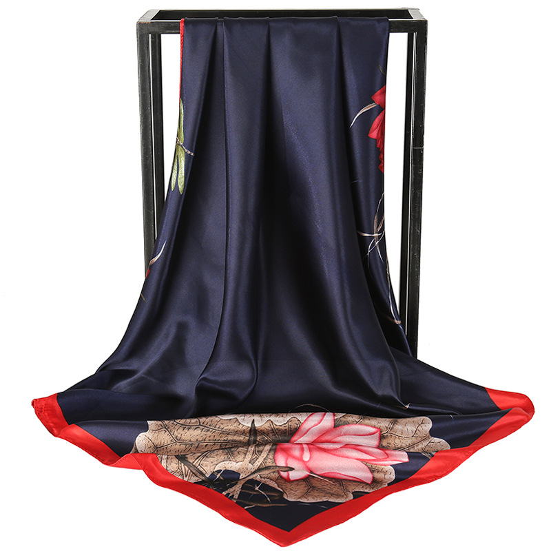 Blue Dragonfly and Lotus Flower Painting 90 × 90 cm Satin Silk Scarf