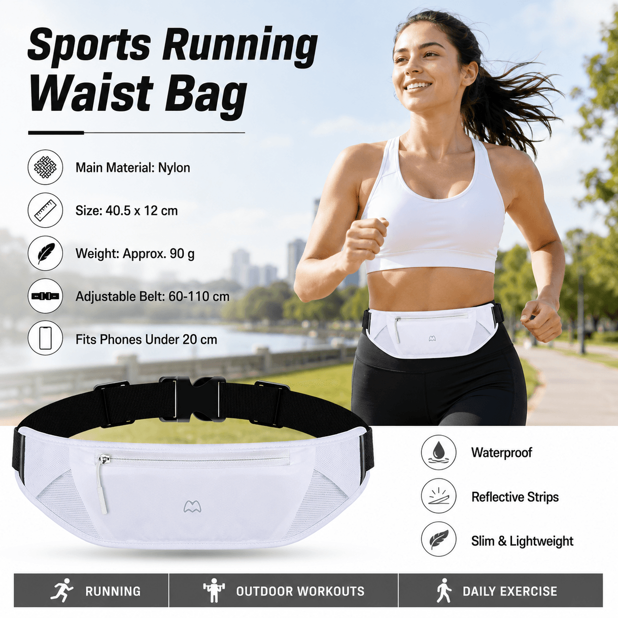 White Running Waist Pack-Made of waterproof nylon with an adjustable strap