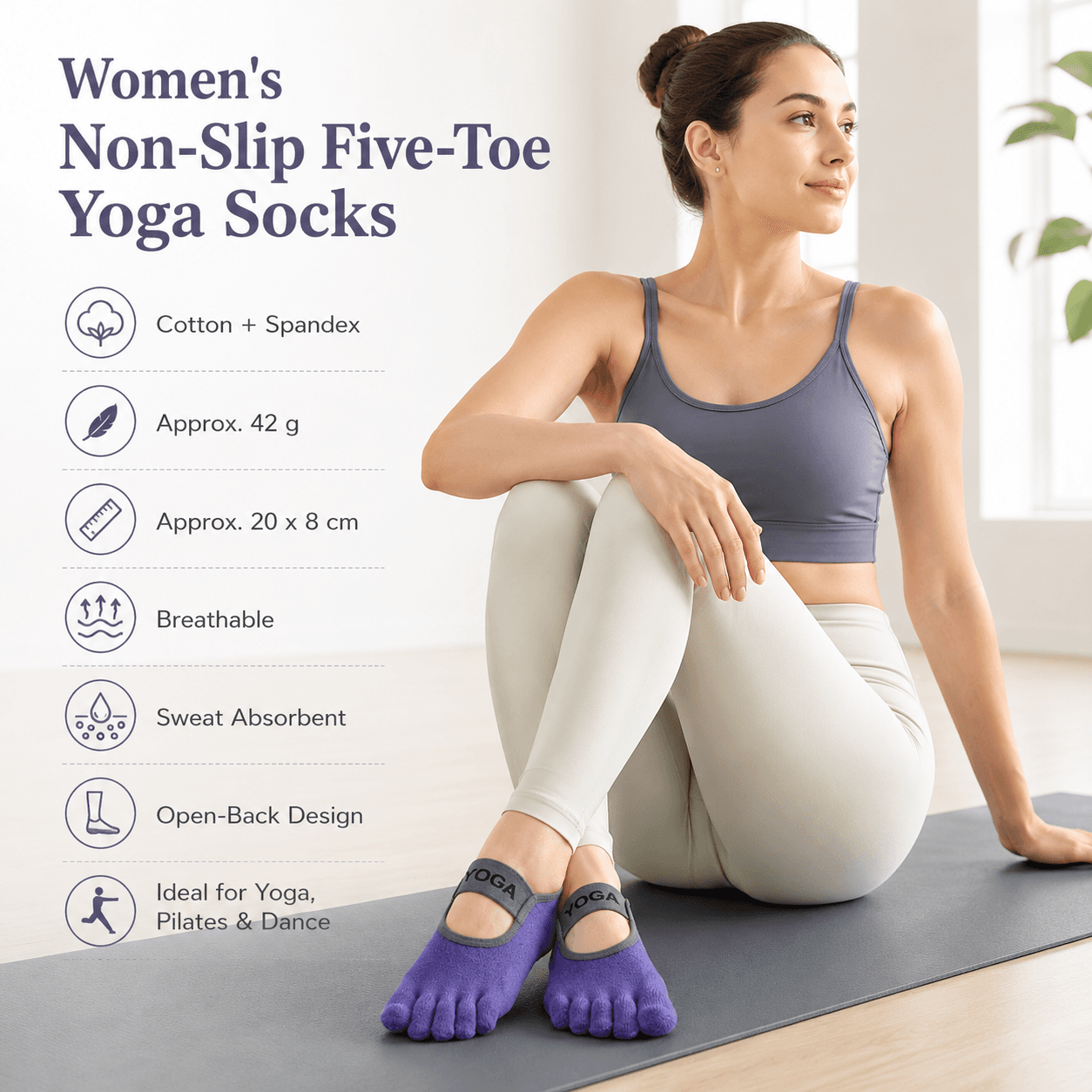 Purple Non-Slip Five Toe Yoga Socks - Cotton Blend with PVC Grip Dots
