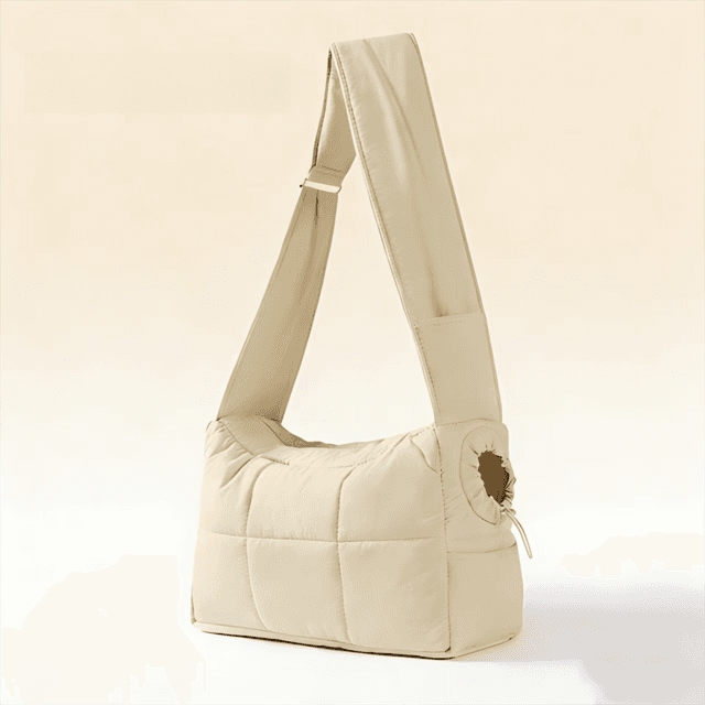 Beige Foldable Insulated Quilted Pet Shoulder Bag with Adjustable Peep Hole