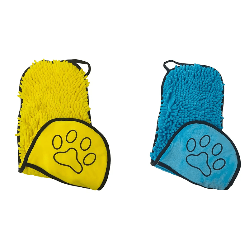 2-piece Yellow and Blue Chenille Pet Drying Towel with Dual Hand Pockets