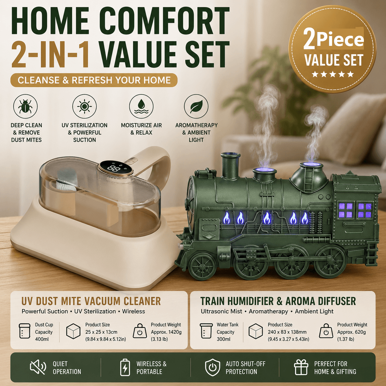 Winter Home Cleaning Comfort Kit - Green Retro Train - Green Cordless Uv