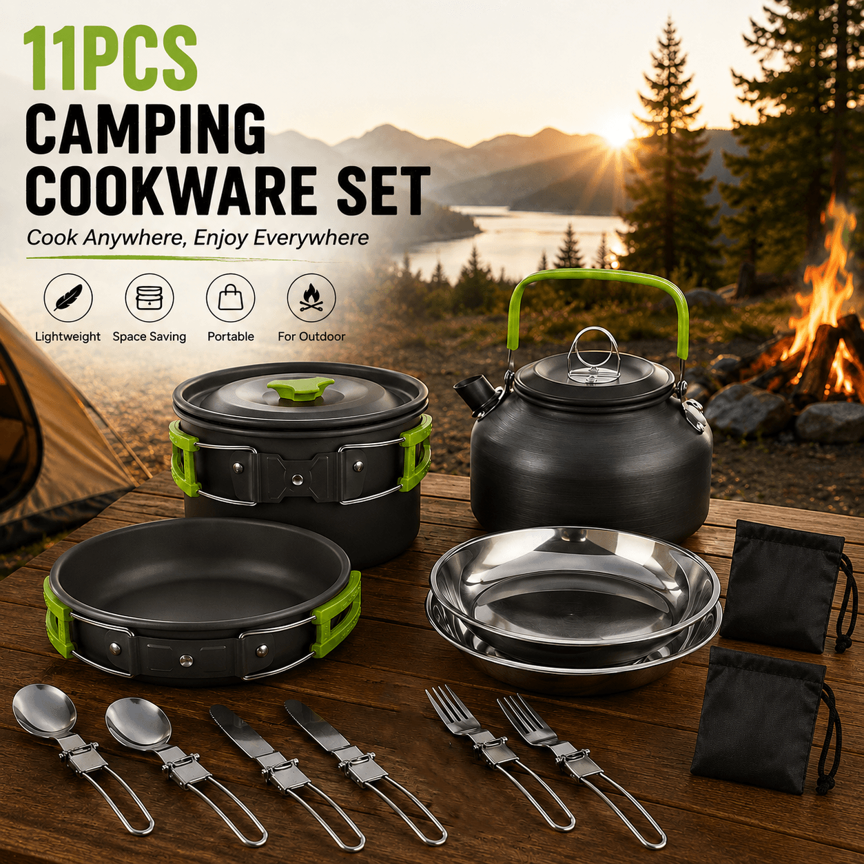 11-Piece Green Camping Cookware Set - Lightweight Aluminium Camping Pots