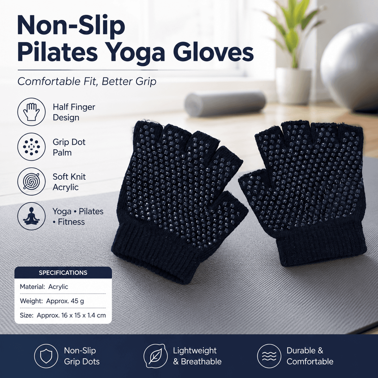 Black Half Finger Yoga Gloves - Acrylic Knit with Non-Slip Silicone Dots