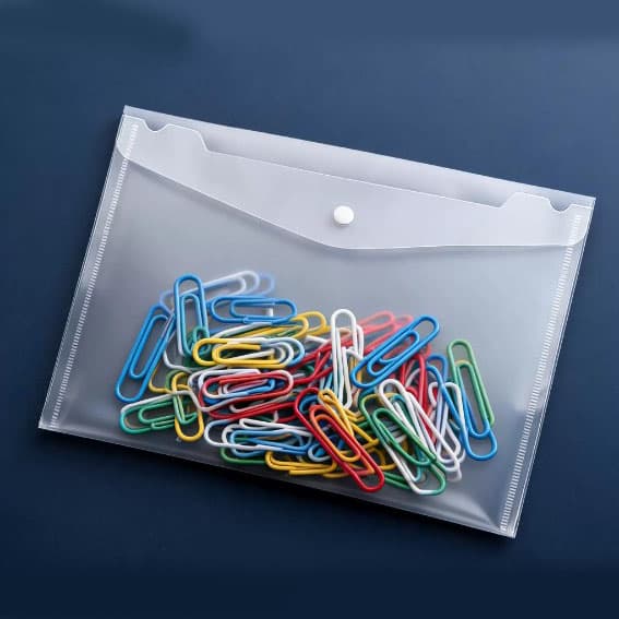 Heavy Duty A4 Transparent File Folder with Snap Closure & Paper Clip Set