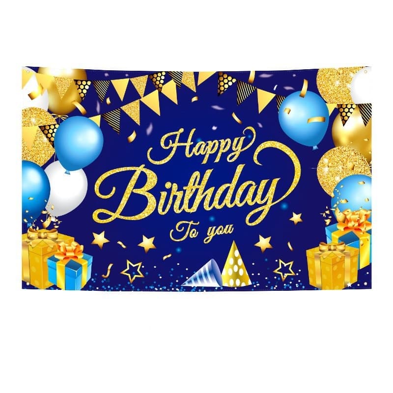 180 × 115 cm Golden and Blue Happy Birthday Banner - Glitter Party Backdrop