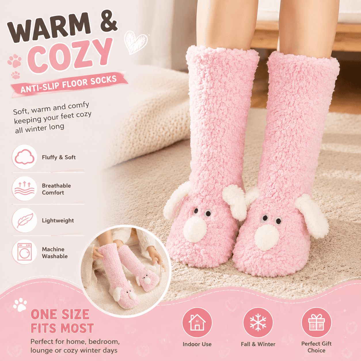 Animal Plush Floor Socks - Pink Puppy Thickened Coral - Pink Warm Sleep