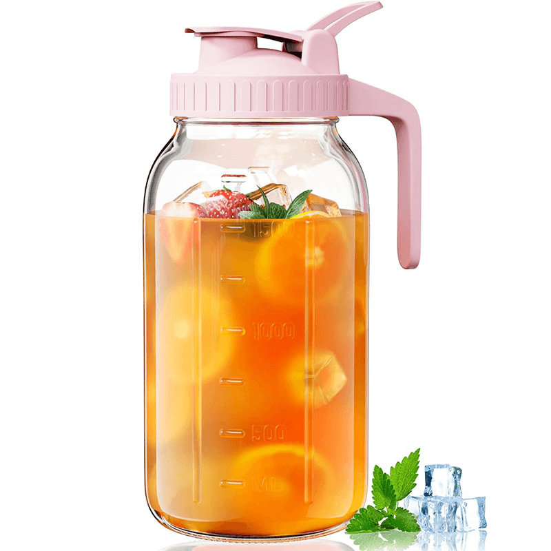 Pink Glass Mason Jar Pitcher 64oz with Flip Lid Pour Spout Milk Jug