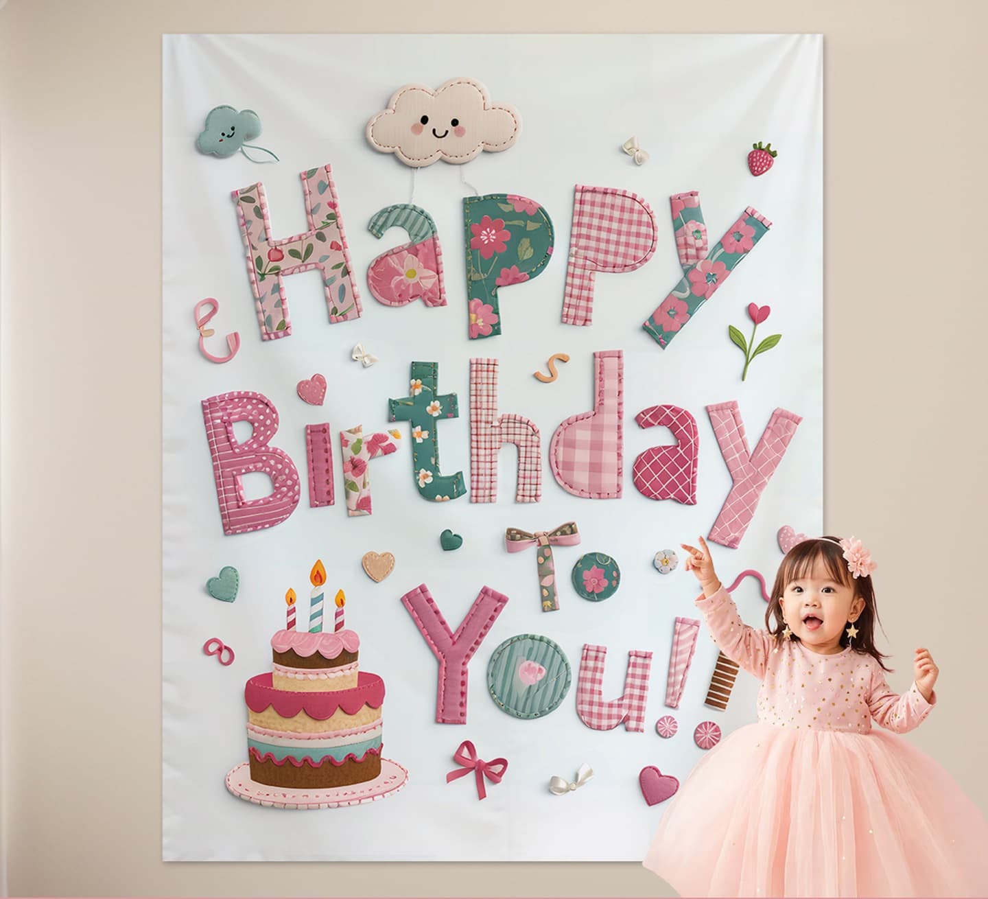 Pink Happy Birthday Backdrop Banner - Reusable Fabric Party Decoration