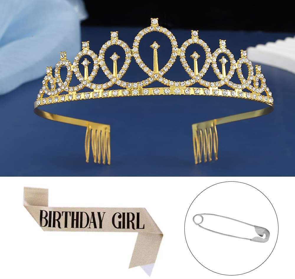 2-piece Golden Birthday Girl Tiara and Sash Set - Rhinestone Alloy Crown